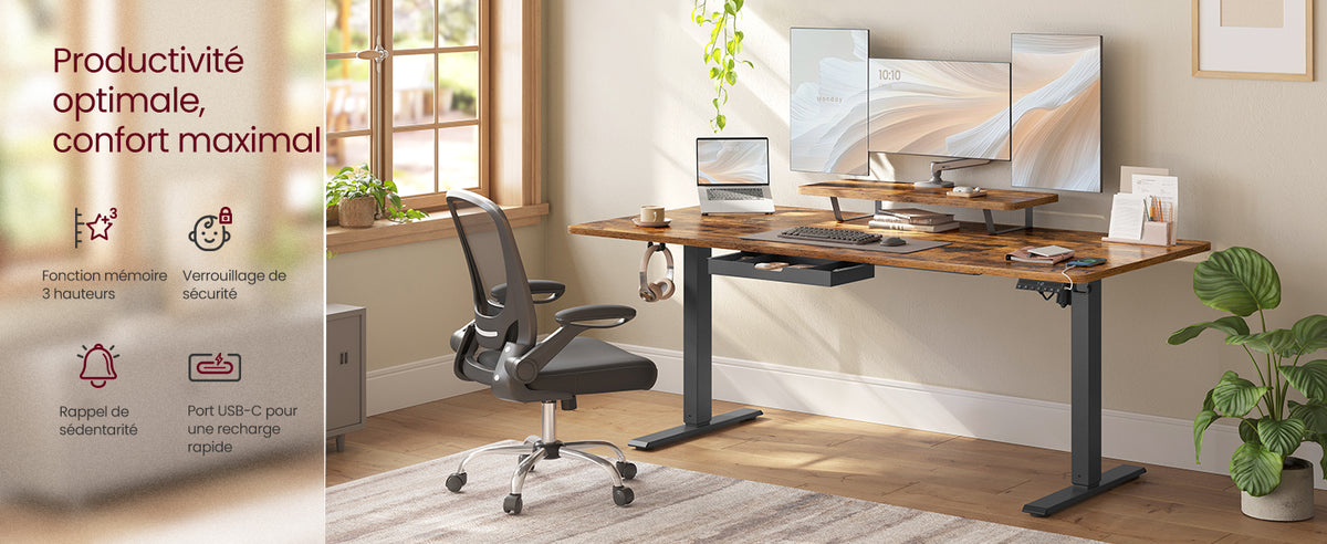 Bureau assis-debout électrique 160x80 cm — Tiroir & USB-C