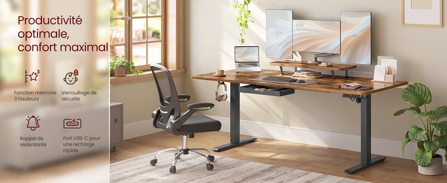 Bureau assis-debout électrique 160x80 cm — Tiroir & USB-C