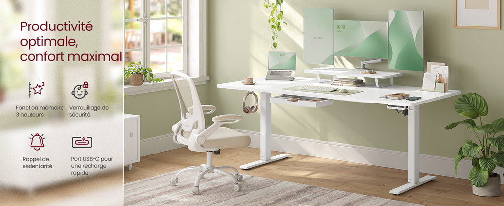 Bureau assis-debout électrique 160x80 cm — Tiroir & USB-C