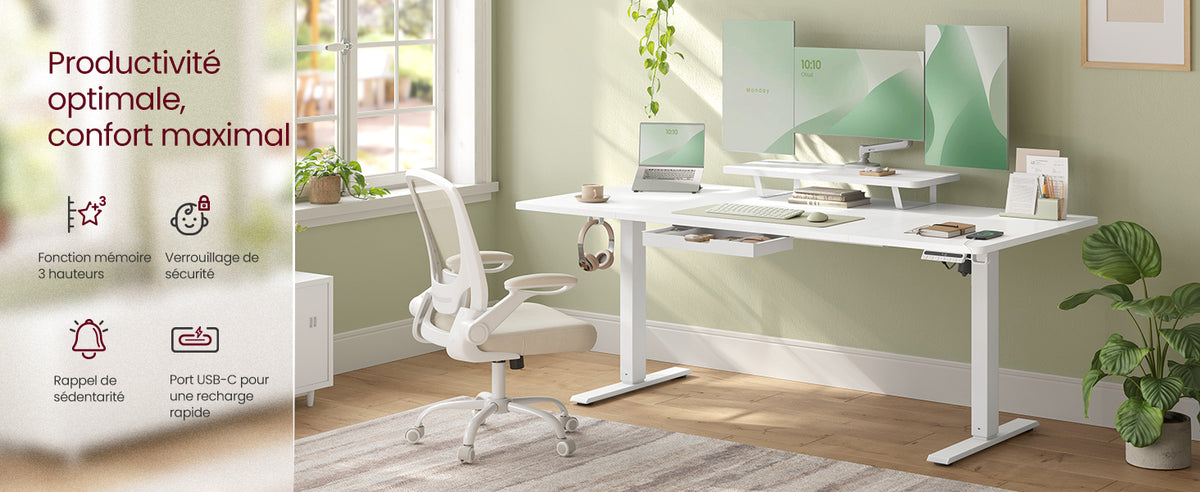 Bureau assis-debout électrique 160x80 cm — Tiroir & USB-C