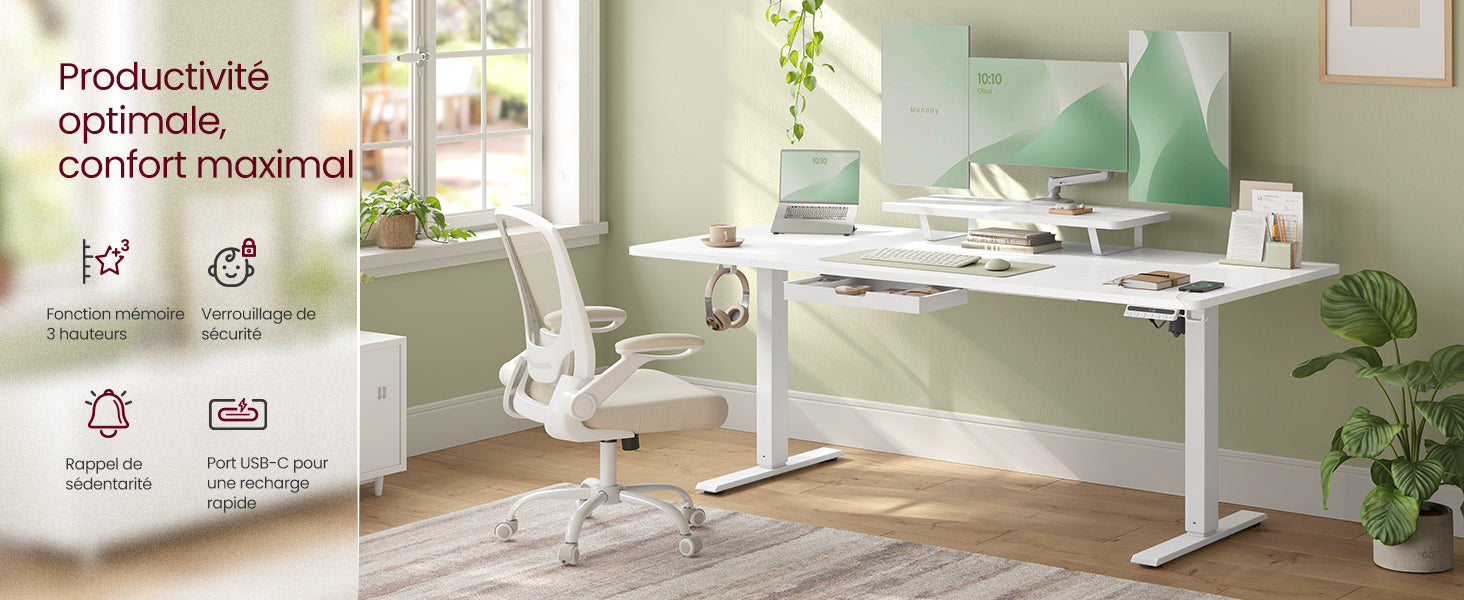 Bureau assis-debout électrique 160x80 cm — Tiroir & USB-C
