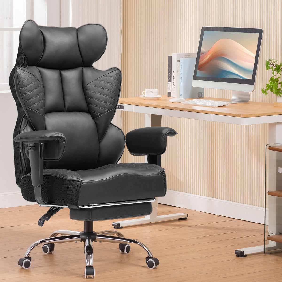 Chaise gaming ergonomique rembourrée — Lombaire & repose-pieds.