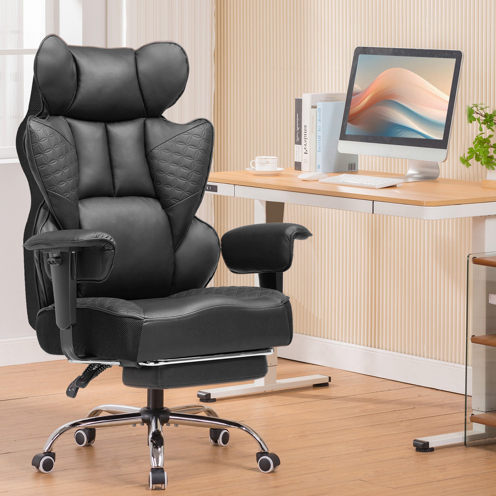 Chaise gaming ergonomique rembourrée — Lombaire & repose-pieds.