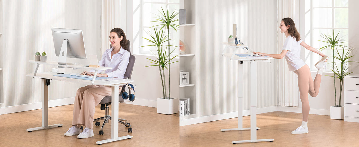 Bureau assis-debout électrique blanc — Tiroirs & supports tablette.Support pc.