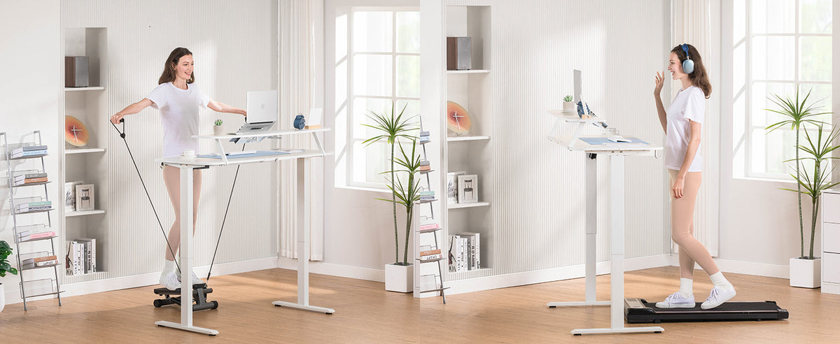 Bureau assis-debout électrique blanc — Tiroirs & supports tablette.Support pc.
