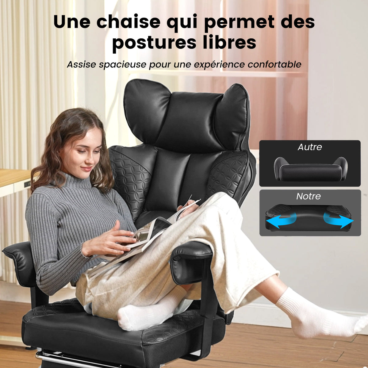 Chaise gaming ergonomique rembourrée — Lombaire & repose-pieds.