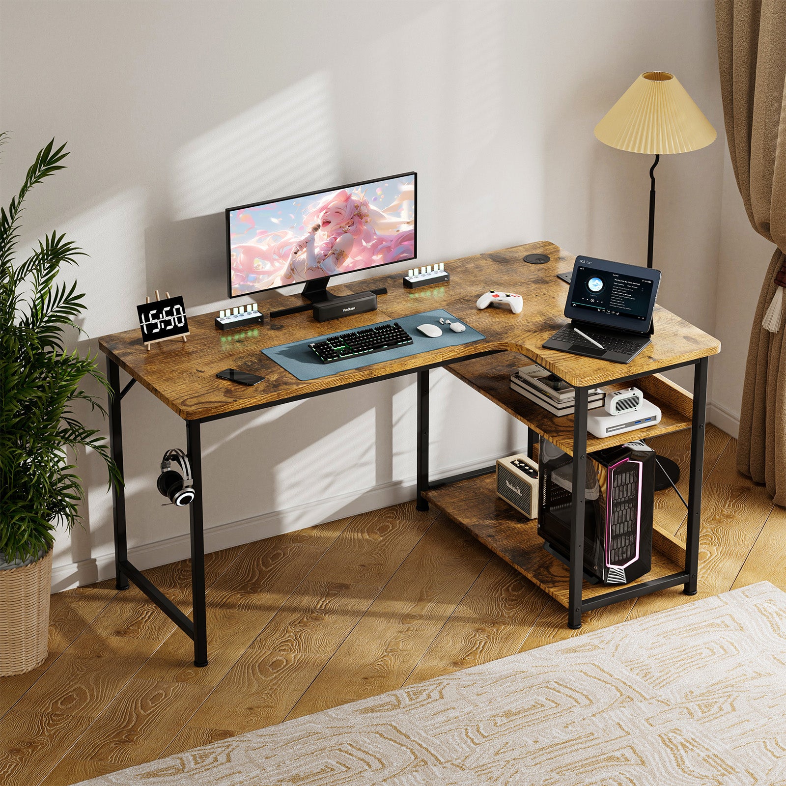 Bureau gaming en L — Étagères, prise secteur & port USB intégrés. (Copie)