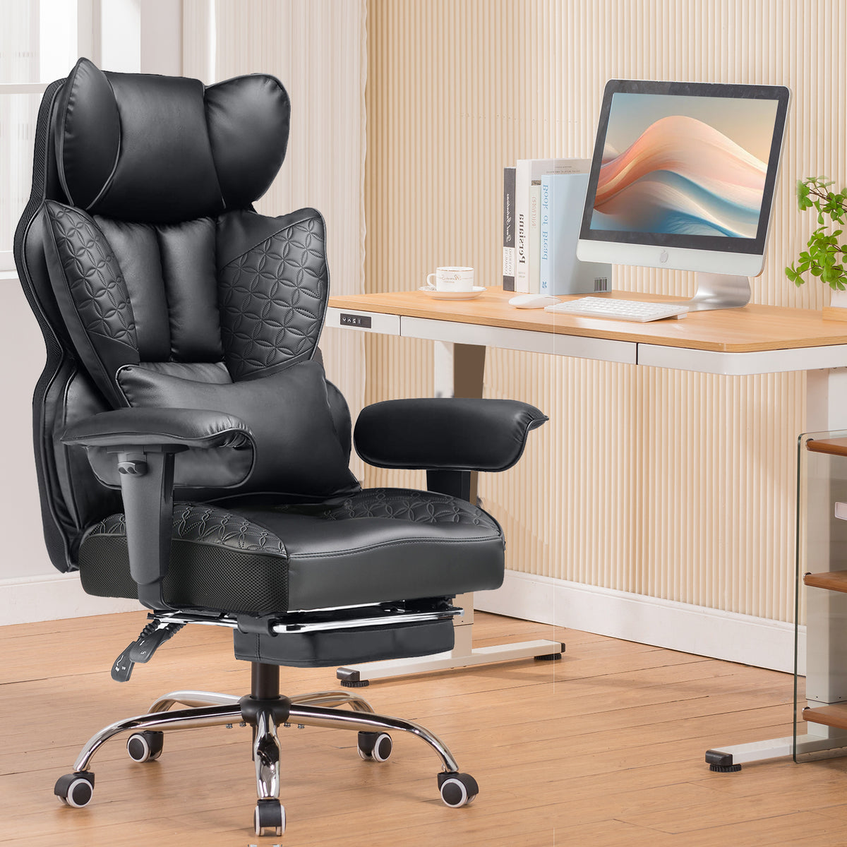 Chaise gaming ergonomique rembourrée — Lombaire & repose-pieds.