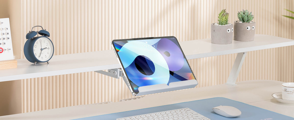 Bureau assis-debout électrique blanc — Tiroirs & supports tablette.Support pc.