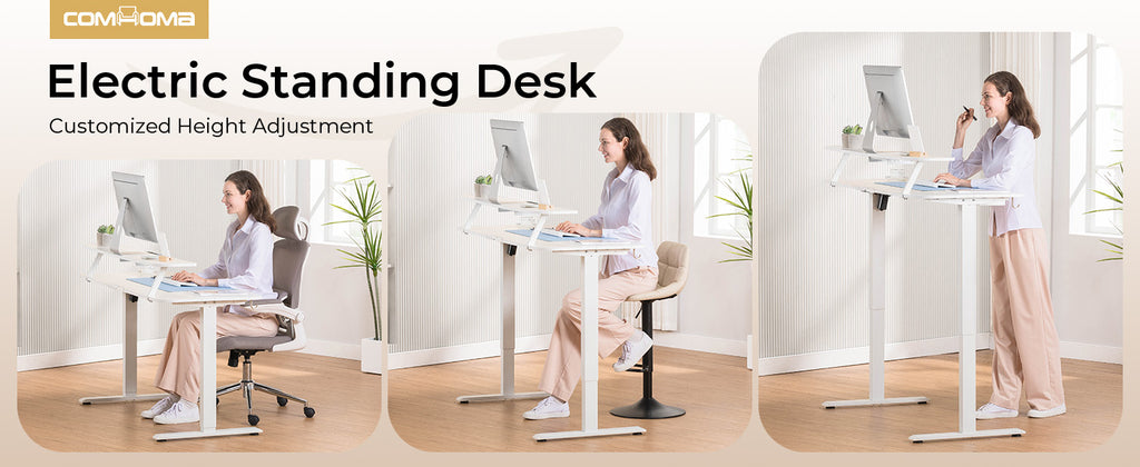 Bureau assis-debout électrique blanc — Tiroirs & supports tablette.Support pc.