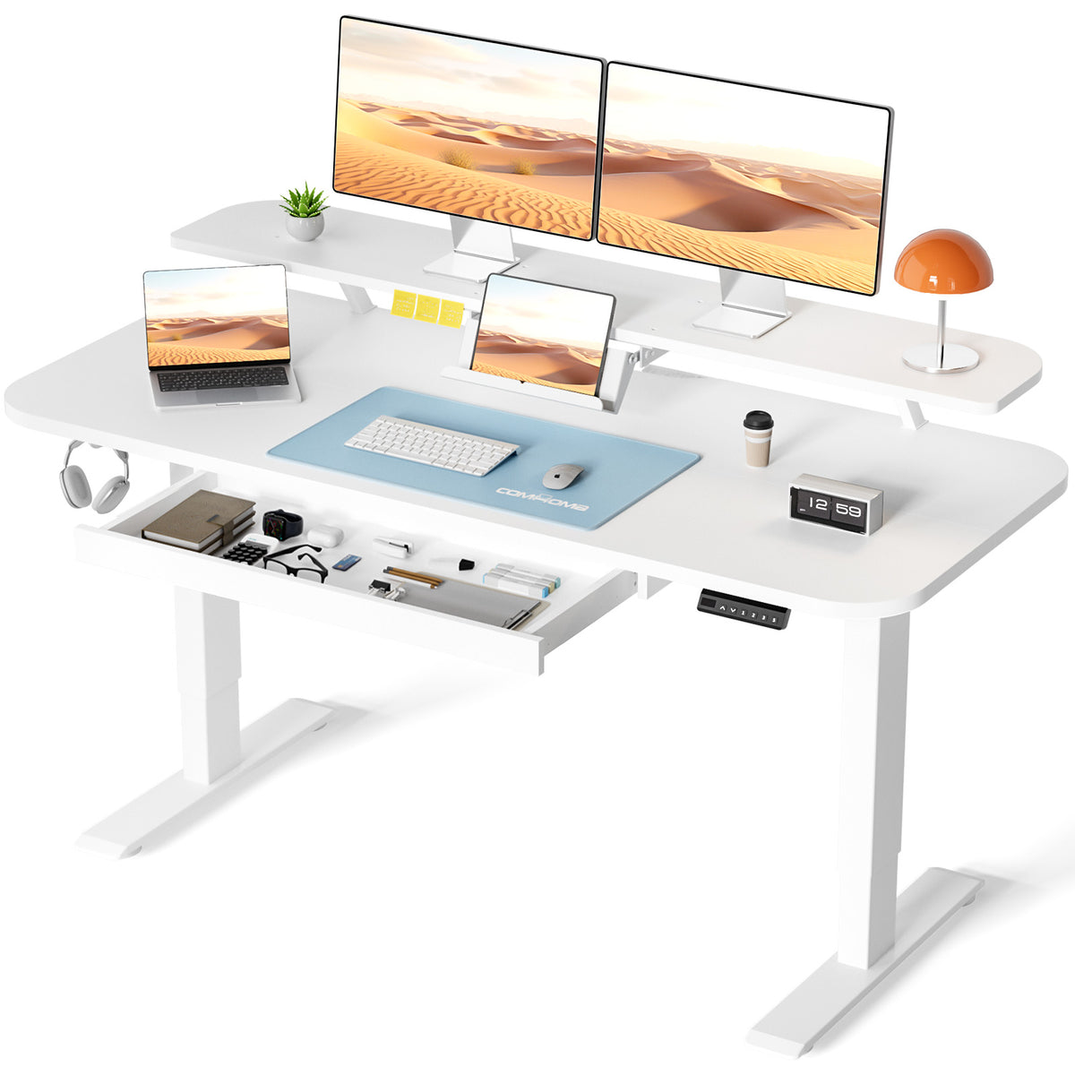 Bureau assis-debout électrique blanc — Tiroirs & supports tablette.Support pc.