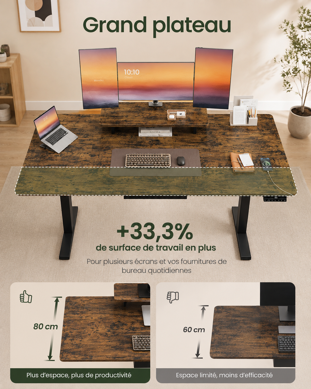 Bureau Assis-Debout Électrique 160x80 cm avec Tiroir & Support Écran