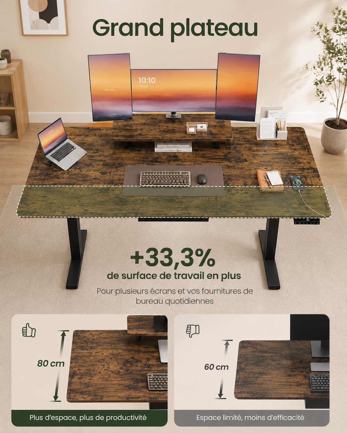 Bureau Assis-Debout Électrique 160x80 cm avec Tiroir & Support Écran