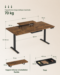 Bureau Assis-Debout Électrique 160x80 cm avec Tiroir & Support Écran