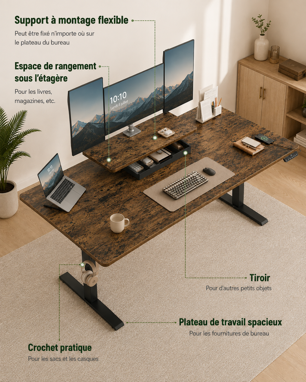 Bureau Assis-Debout Électrique 160x80 cm avec Tiroir & Support Écran