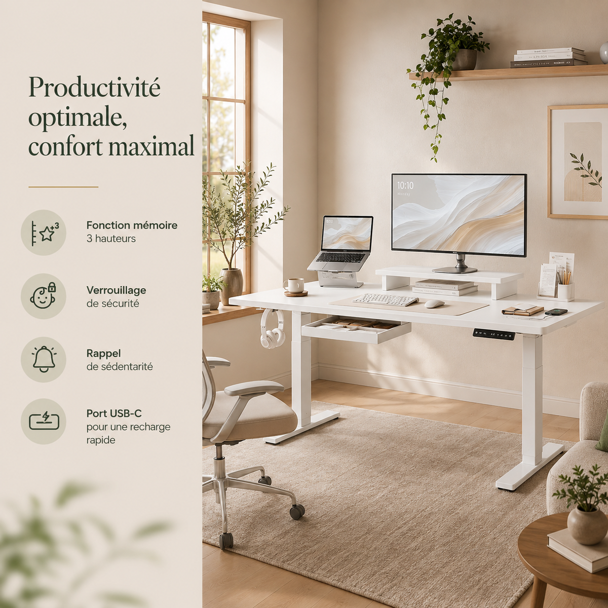 Bureau Assis-Debout Électrique 160x80 cm avec Tiroir & Support Écran