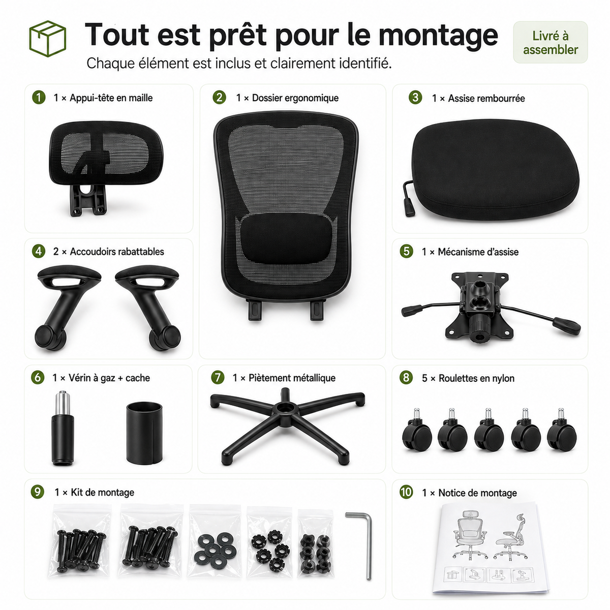 Chaise de bureau ergonomique en maille avec soutien lombaire – Noir