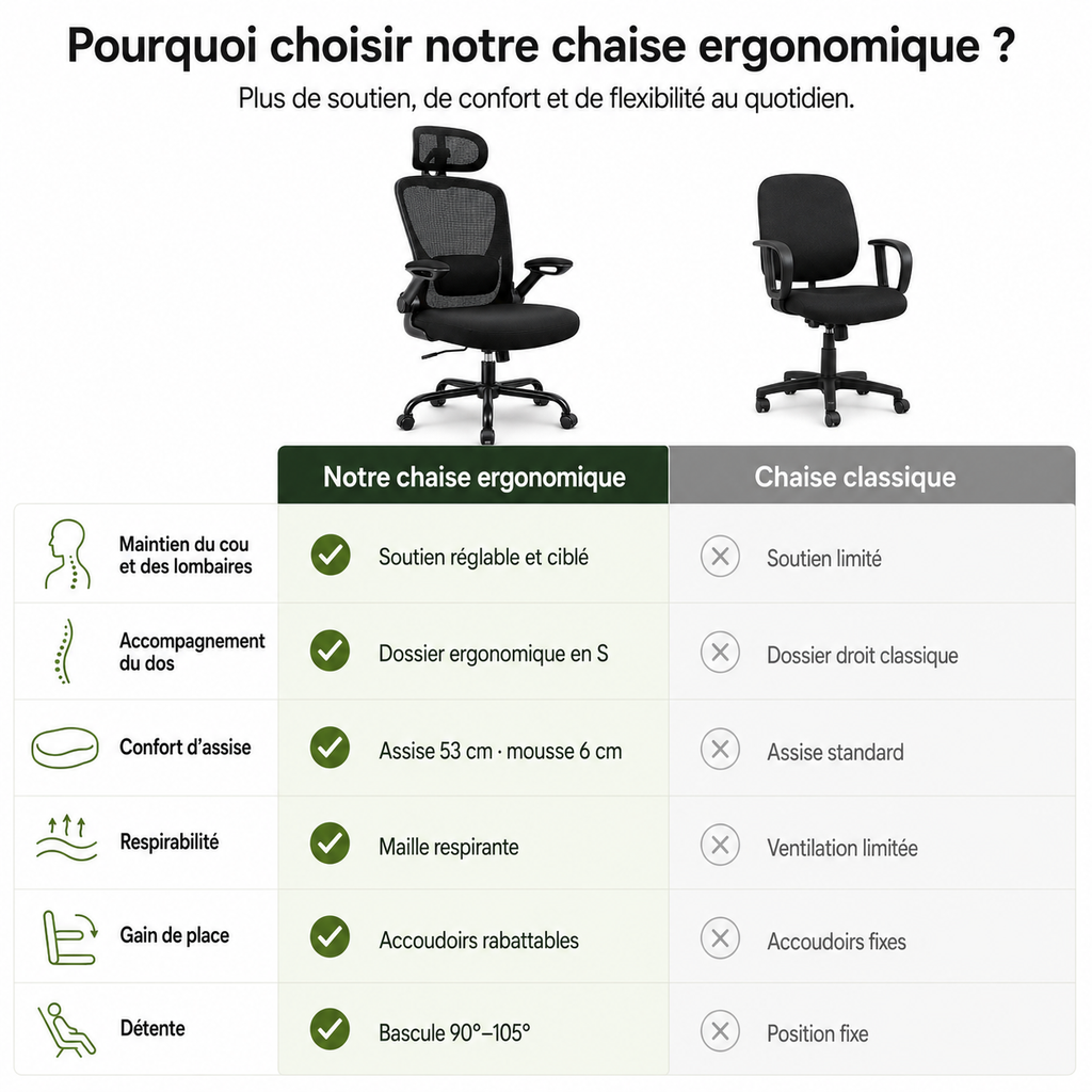 Chaise de bureau ergonomique en maille avec soutien lombaire – Noir