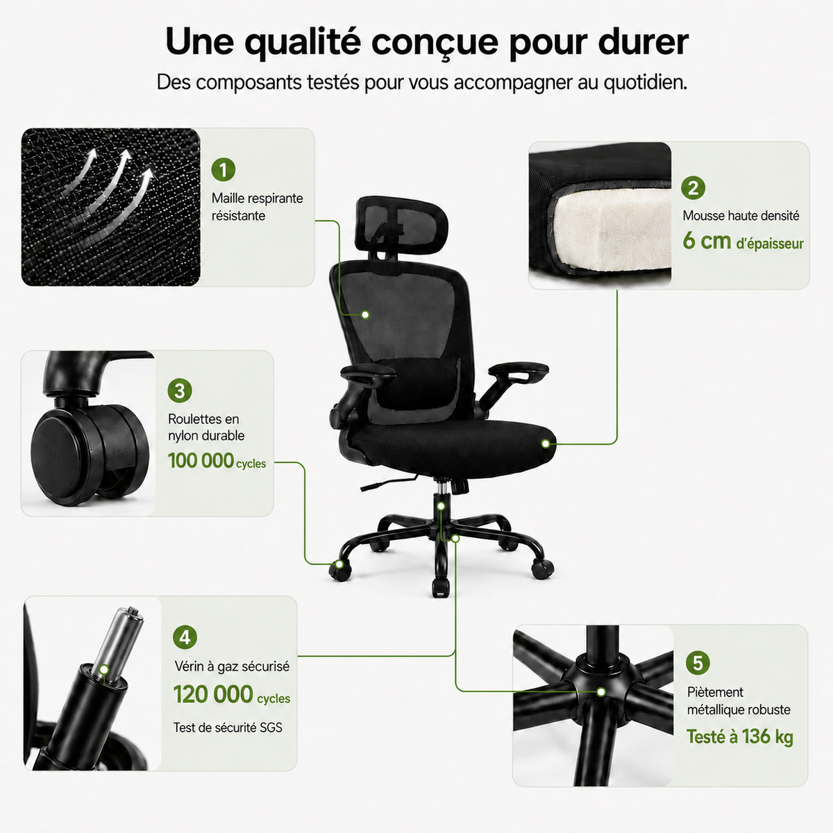 Chaise de bureau ergonomique en maille avec soutien lombaire – Noir