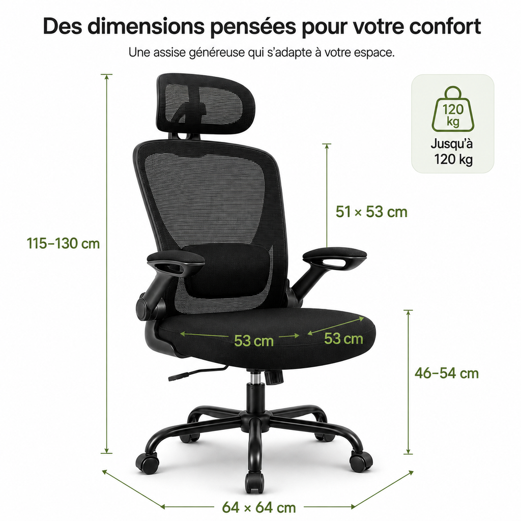 Chaise de bureau ergonomique en maille avec soutien lombaire – Noir