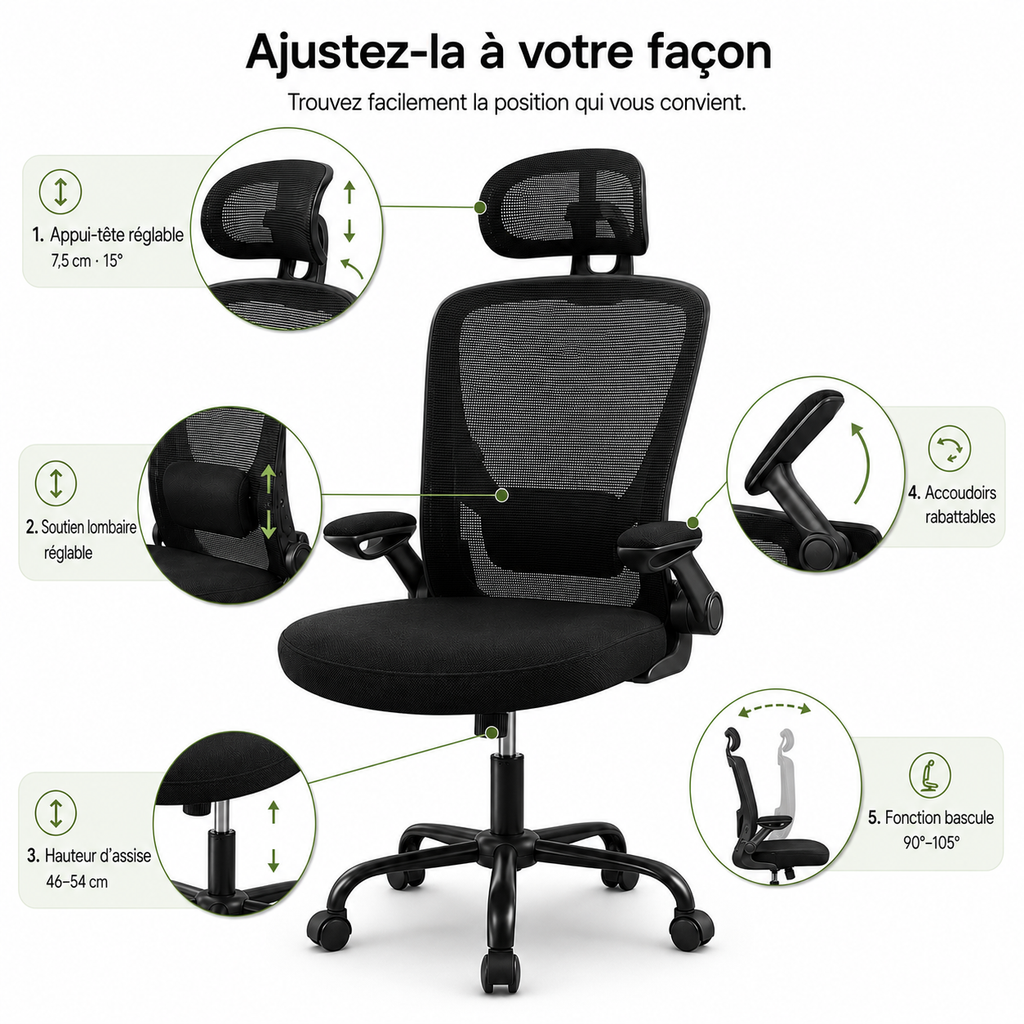 Chaise de bureau ergonomique en maille avec soutien lombaire – Noir