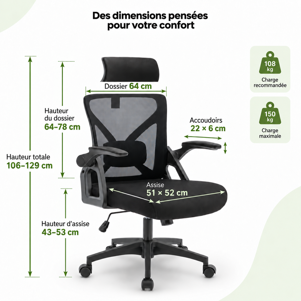 Fauteuil ergonomique bureau & gaming – Jusqu’à 150 kg