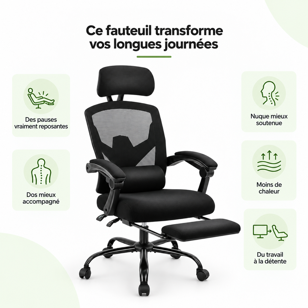 Fauteuil de bureau ergonomique inclinable 135° avec repose-pieds