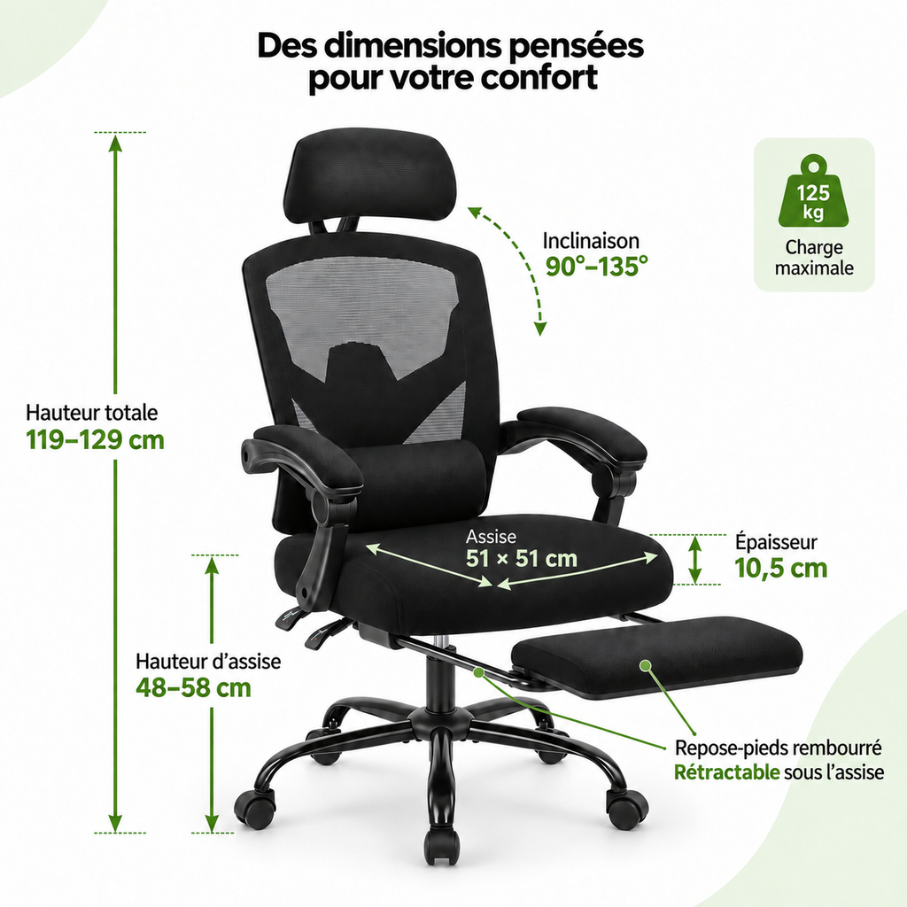 Fauteuil de bureau ergonomique inclinable 135° avec repose-pieds