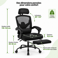 Fauteuil de bureau ergonomique inclinable 135° avec repose-pieds