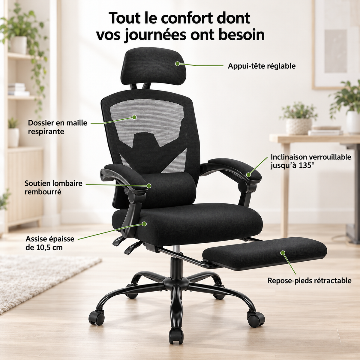Fauteuil de bureau ergonomique inclinable 135° avec repose-pieds