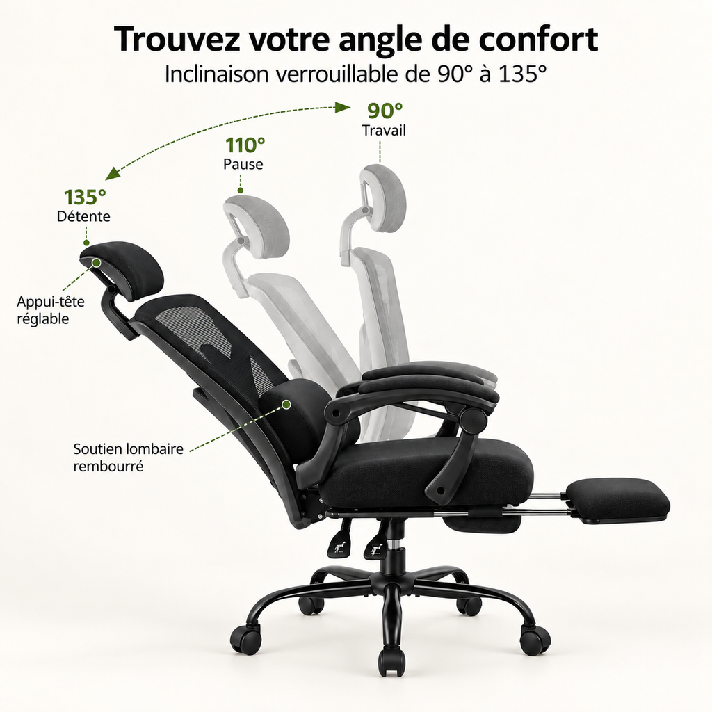 Fauteuil de bureau ergonomique inclinable 135° avec repose-pieds