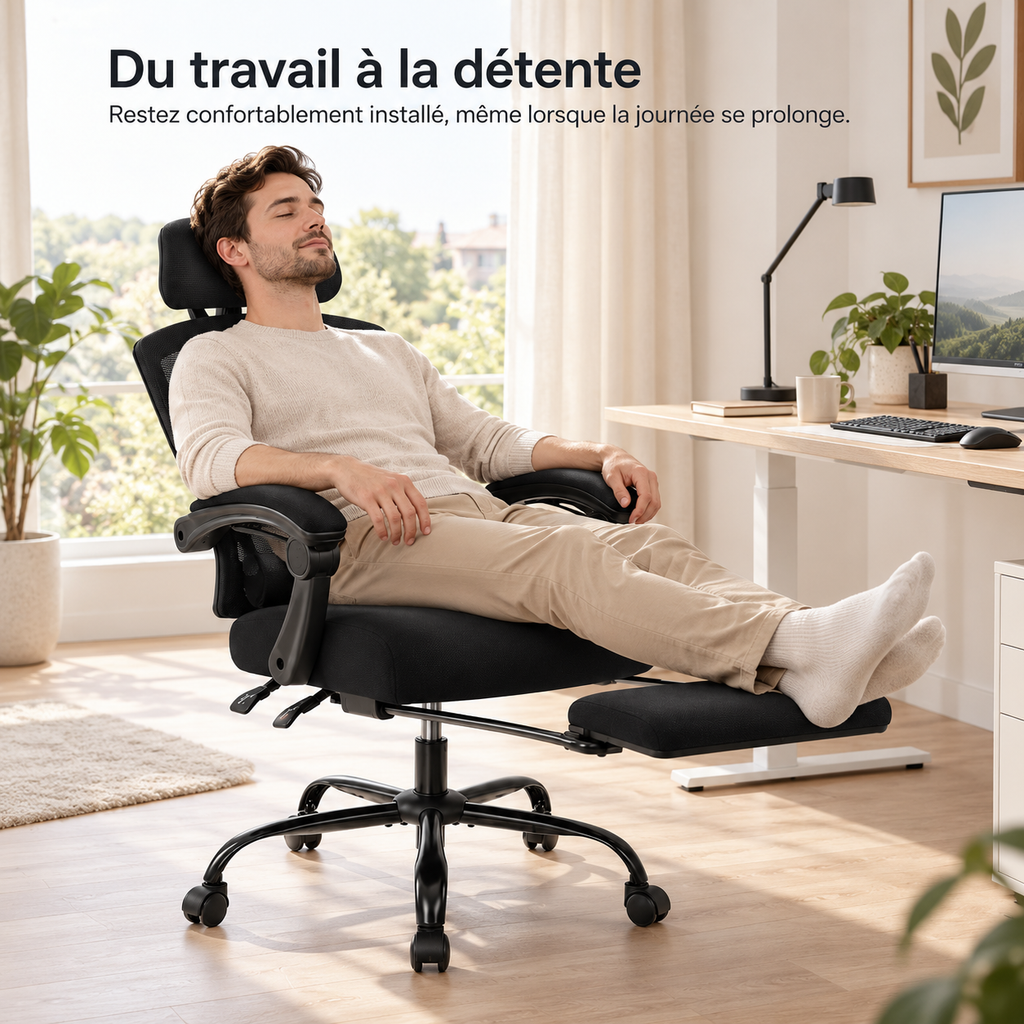 Fauteuil de bureau ergonomique inclinable 135° avec repose-pieds