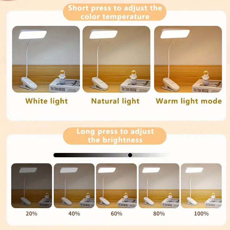 Lampe de bureau LED à chargement USB. à clipser. Bureau de dortoir et lampe de lecture de chambre à coucher