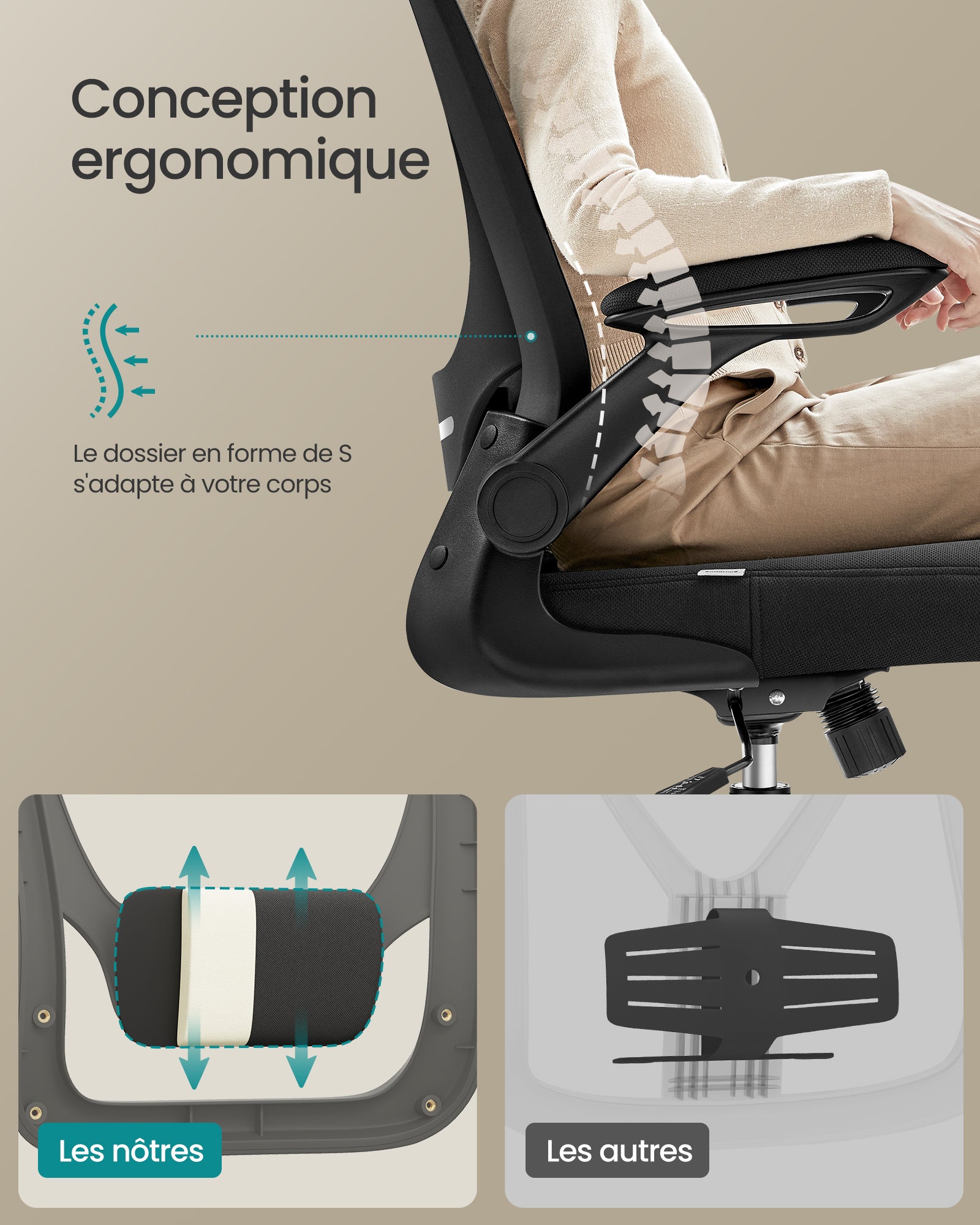 Chaise Bureau Ergonomique en Toile, Fauteuil avec support Lombaire Rembourré, Mécanisme à Bascule, Accoudoirs Rabattables, Appui-tête