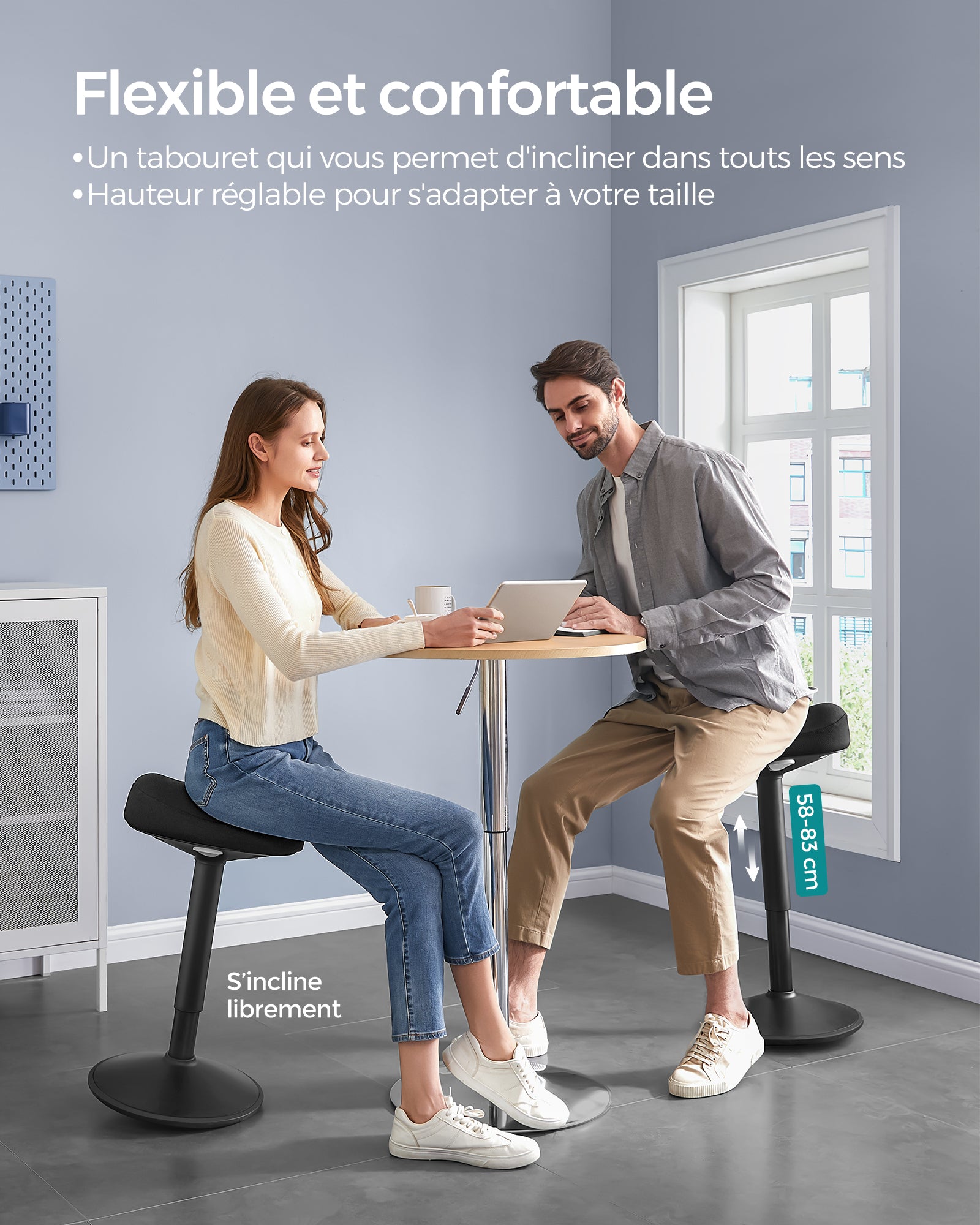 Tabouret assis-debout dynamique — Bascule 360° & hauteur réglable.