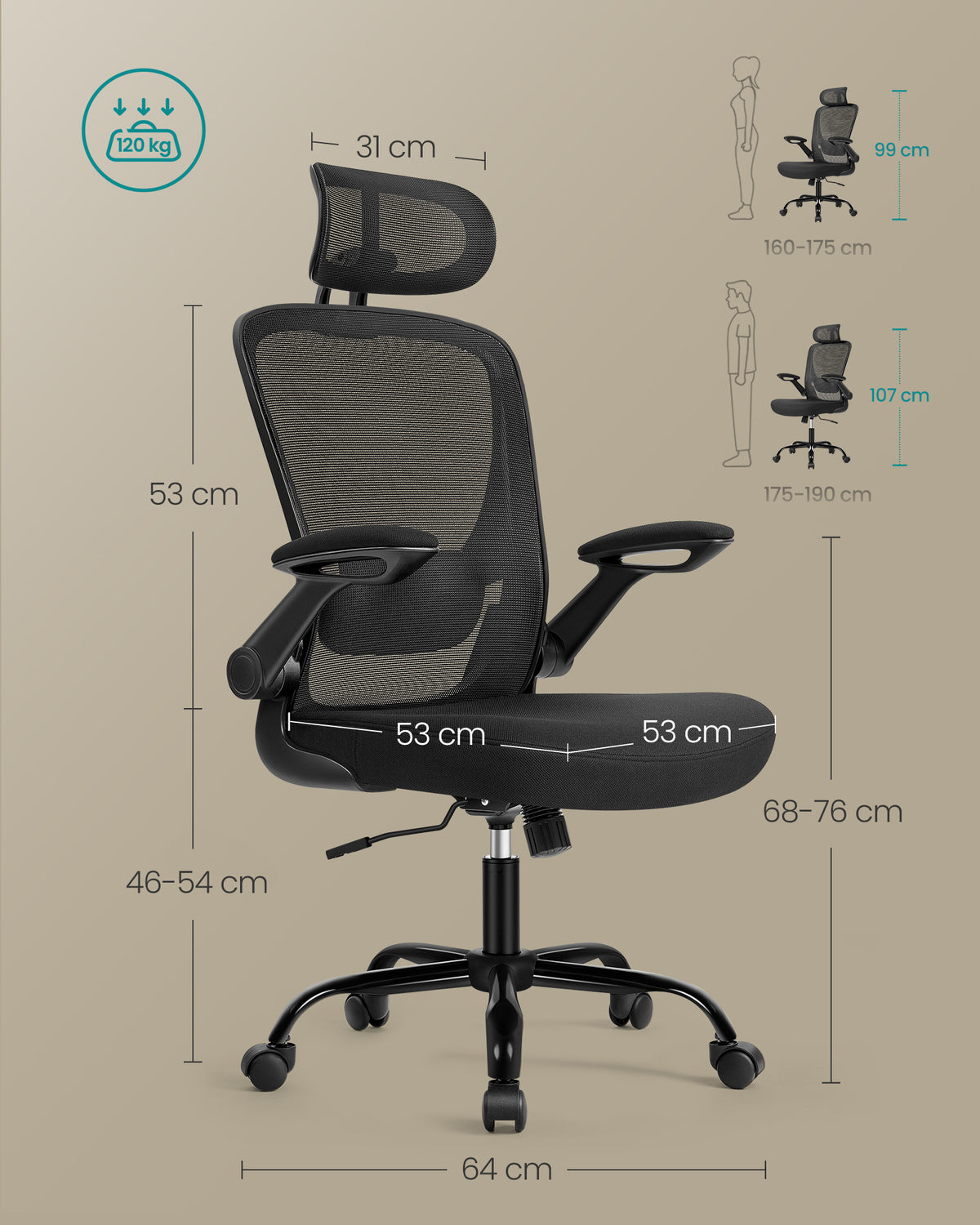Chaise Bureau Ergonomique en Toile, Fauteuil avec support Lombaire Rembourré, Mécanisme à Bascule, Accoudoirs Rabattables, Appui-tête