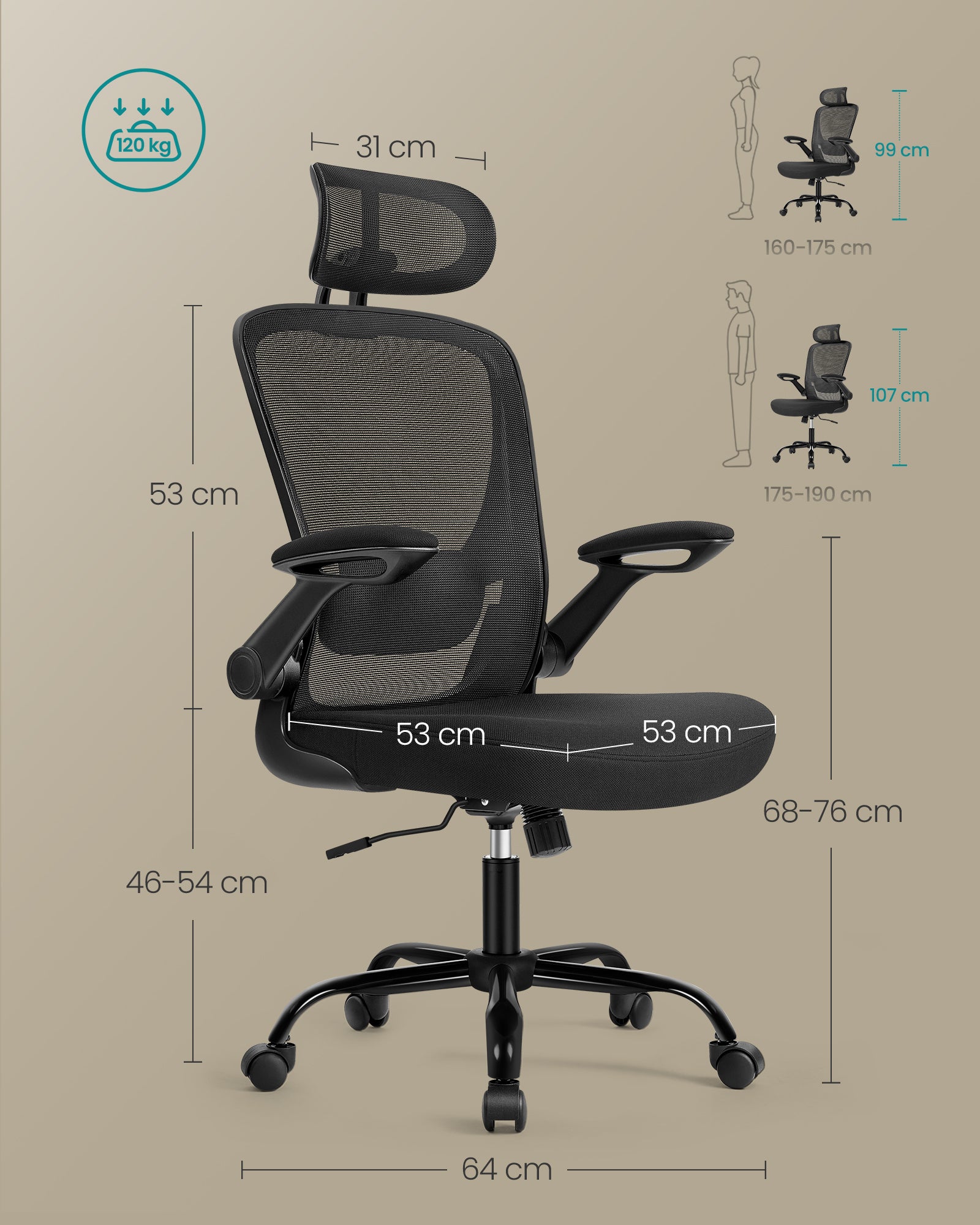 Chaise Bureau Ergonomique en Toile, Fauteuil avec support Lombaire Rembourré, Mécanisme à Bascule, Accoudoirs Rabattables, Appui-tête