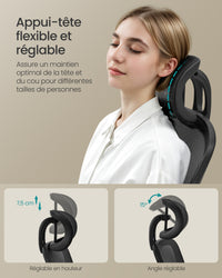 Chaise Bureau Ergonomique en Toile, Fauteuil avec support Lombaire Rembourré, Mécanisme à Bascule, Accoudoirs Rabattables, Appui-tête