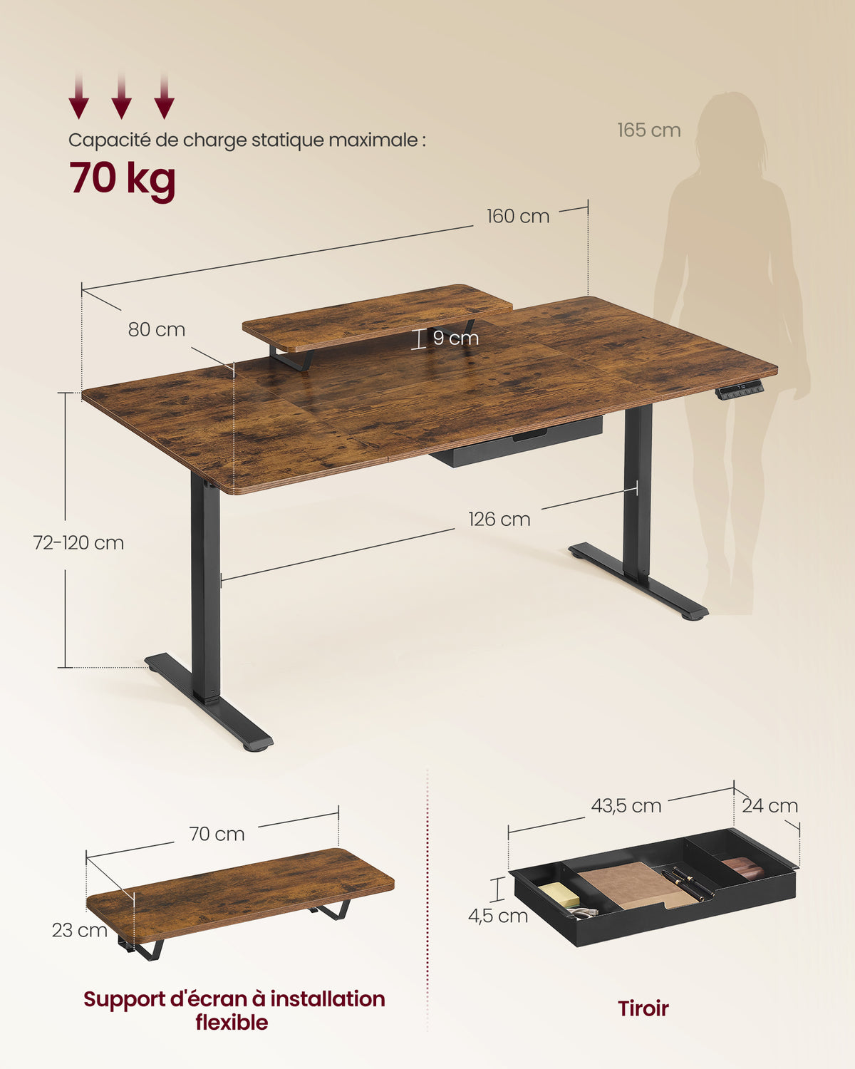 Bureau assis-debout électrique 160x80 cm — Tiroir & USB-C