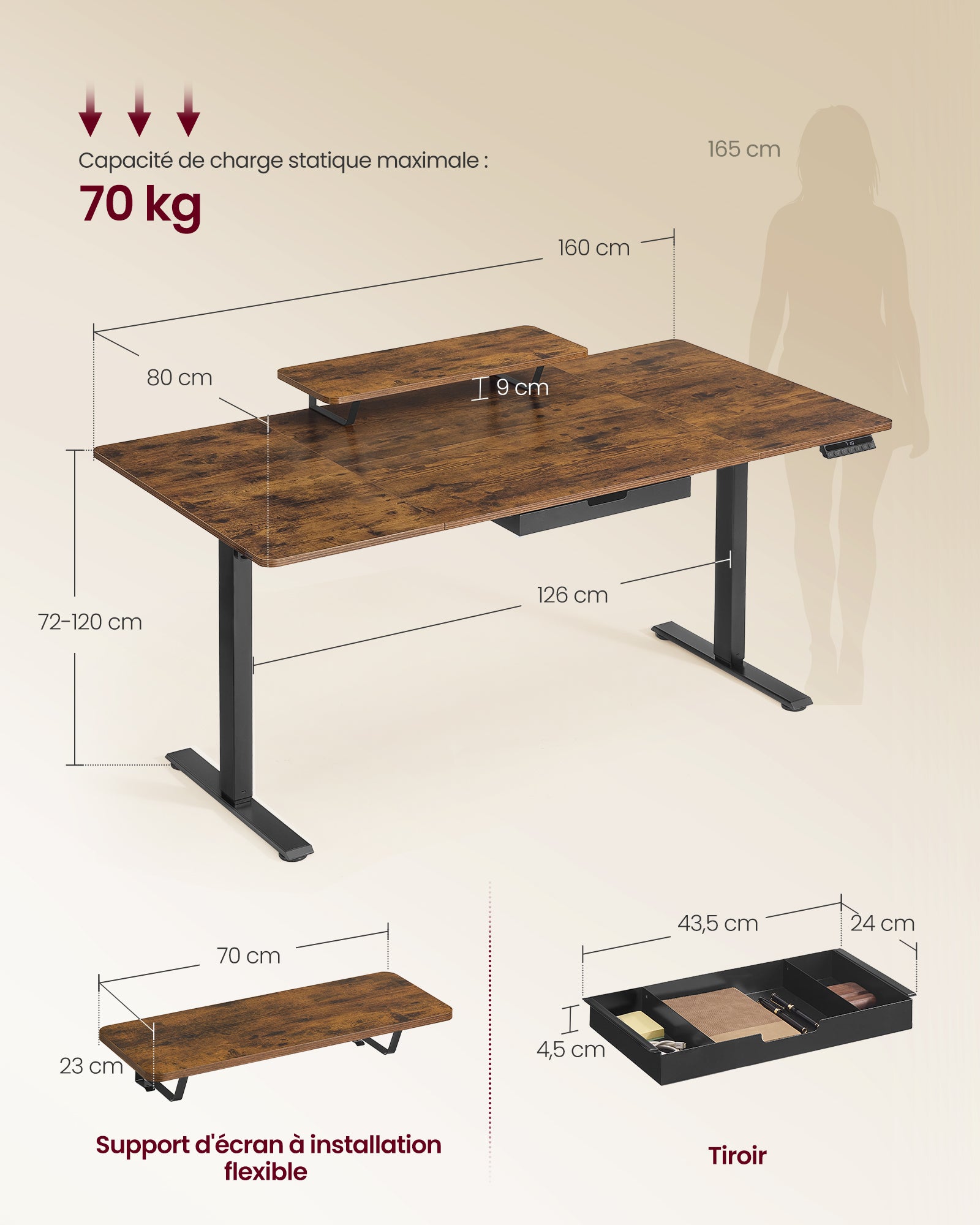 Bureau assis-debout électrique 160x80 cm — Tiroir & USB-C