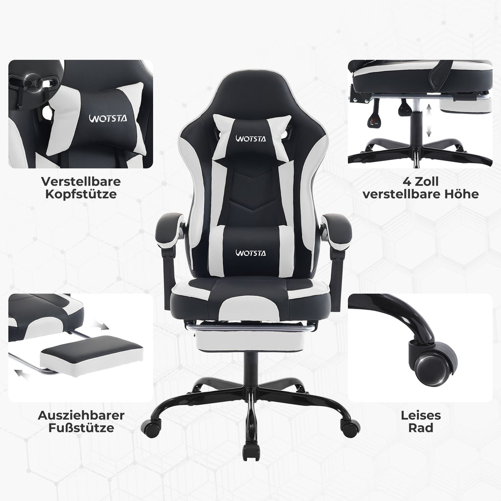 Chaise gaming ergonomique — Repose-pieds, lombaire & appui-tête.