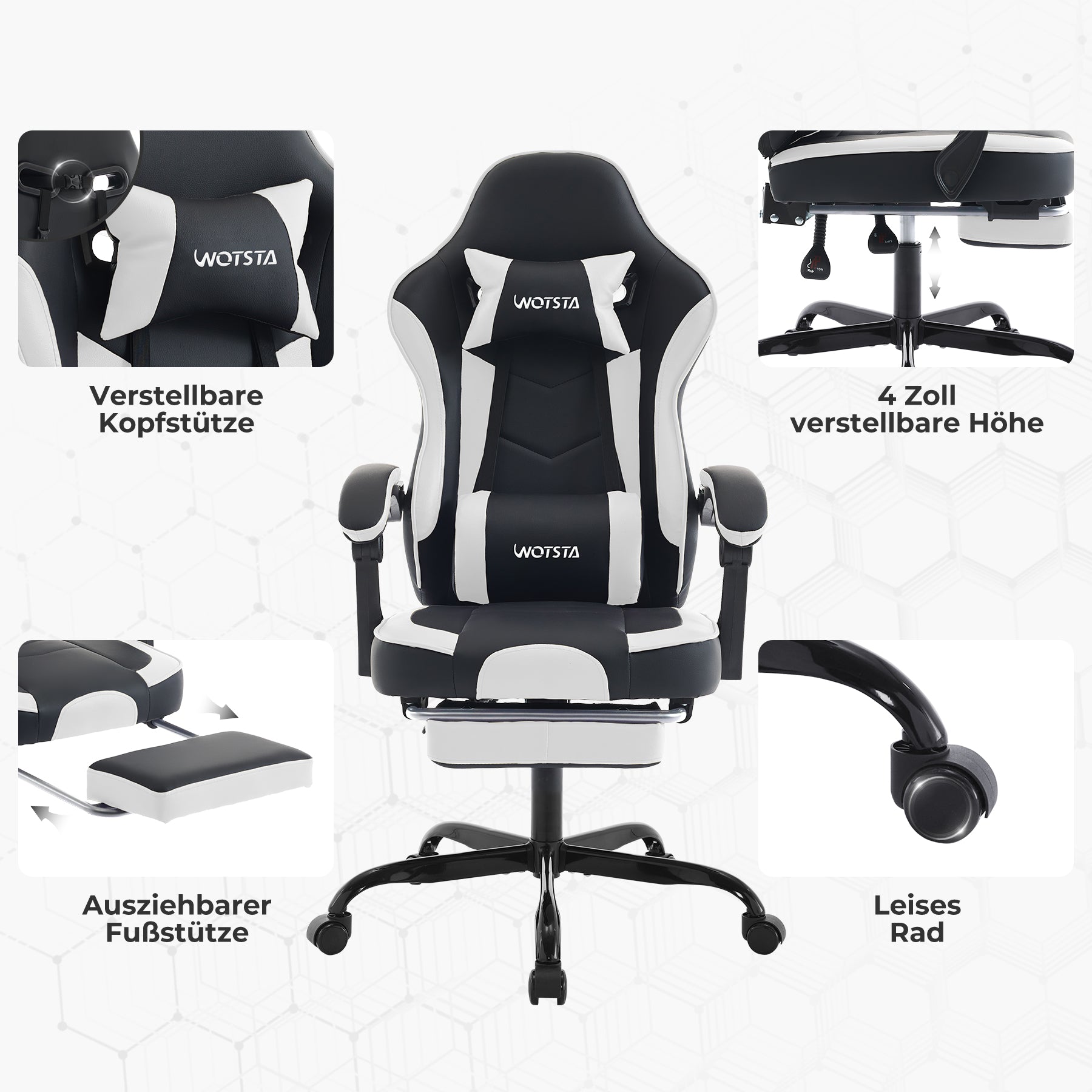 Chaise gaming ergonomique — Repose-pieds, lombaire & appui-tête.