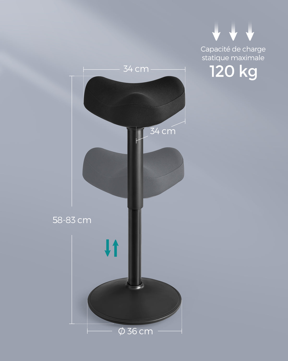 Tabouret assis-debout dynamique — Bascule 360° & hauteur réglable.