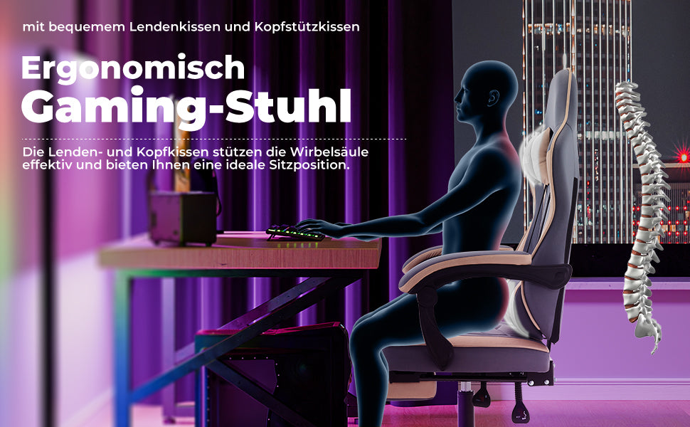 Chaise gaming ergonomique — Repose-pieds, lombaire & appui-tête.