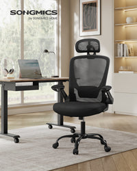 Chaise Bureau Ergonomique en Toile, Fauteuil avec support Lombaire Rembourré, Mécanisme à Bascule, Accoudoirs Rabattables, Appui-tête