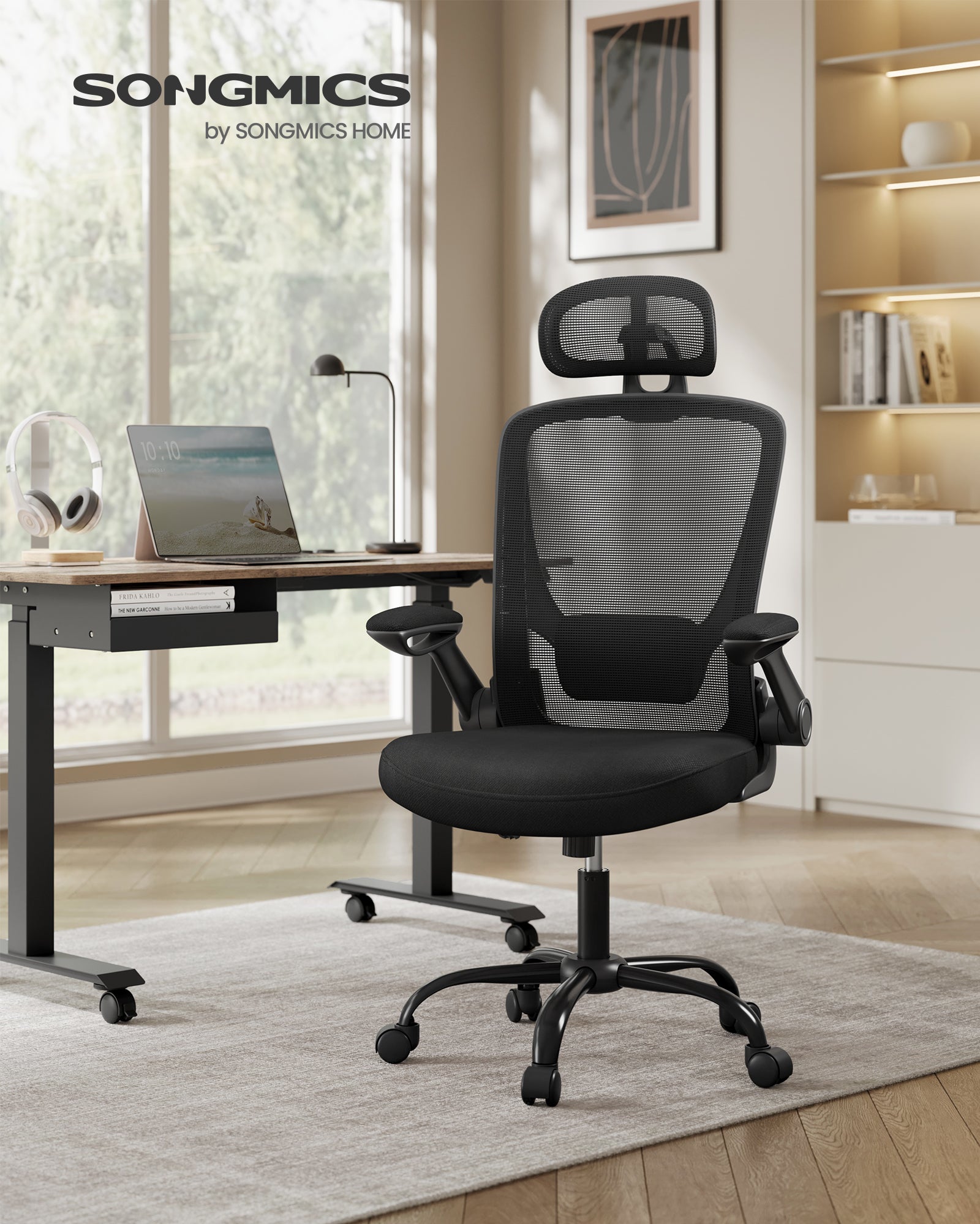 Chaise Bureau Ergonomique en Toile, Fauteuil avec support Lombaire Rembourré, Mécanisme à Bascule, Accoudoirs Rabattables, Appui-tête