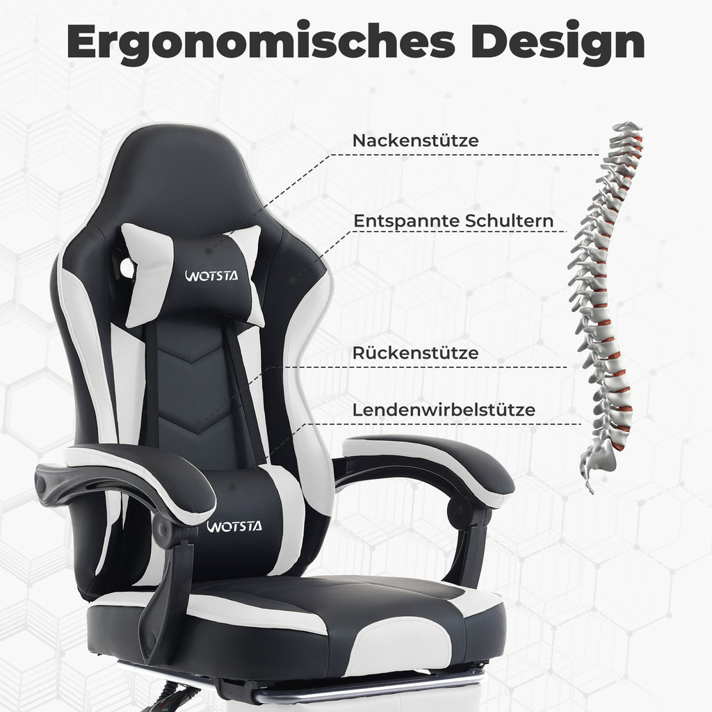 Chaise gaming ergonomique — Repose-pieds, lombaire & appui-tête.