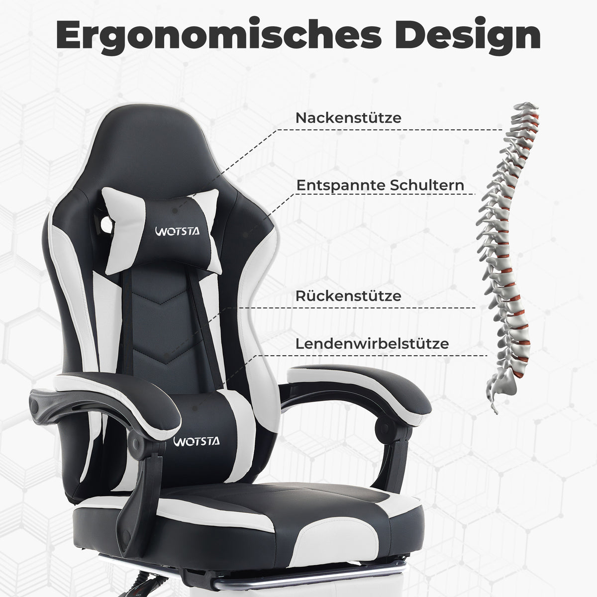 Chaise gaming ergonomique — Repose-pieds, lombaire & appui-tête.