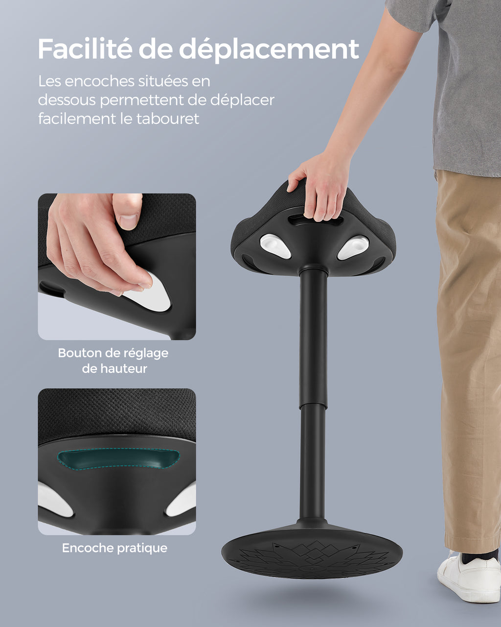 Tabouret assis-debout dynamique — Bascule 360° & hauteur réglable.
