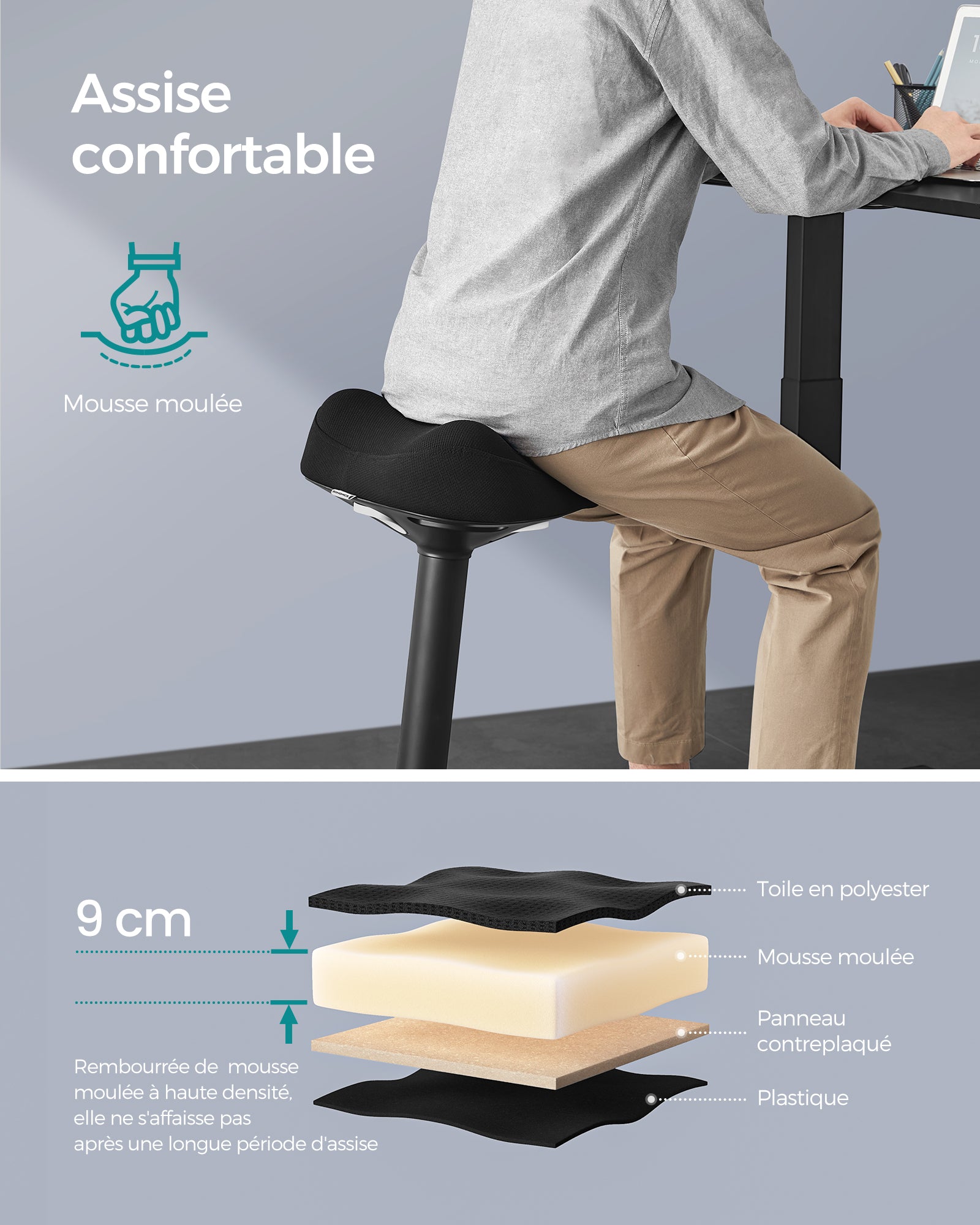Tabouret assis-debout dynamique — Bascule 360° & hauteur réglable.